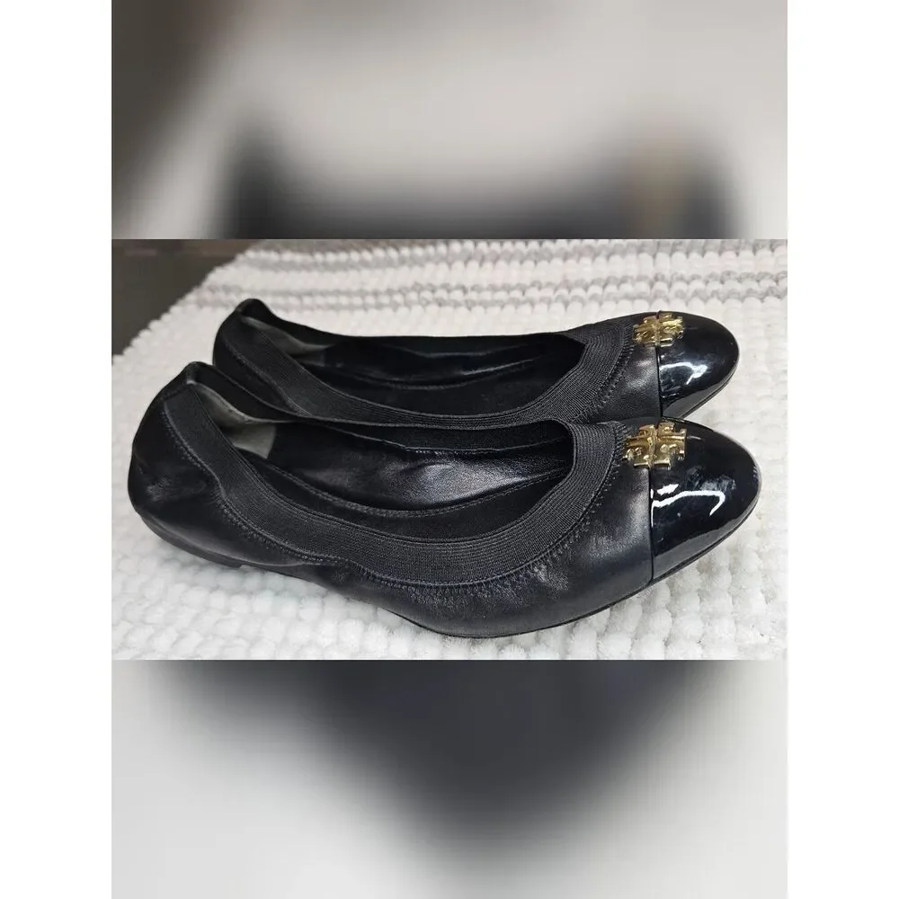Tory Burch Ballet Flats Size-8 Black Gold Leather Jolie Stretch Shoes.